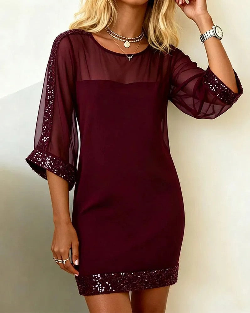 Women’s Mesh Sequin Bodycon Dress Off Shoulder 3/4 Sleeve Evening Party Midi Dress