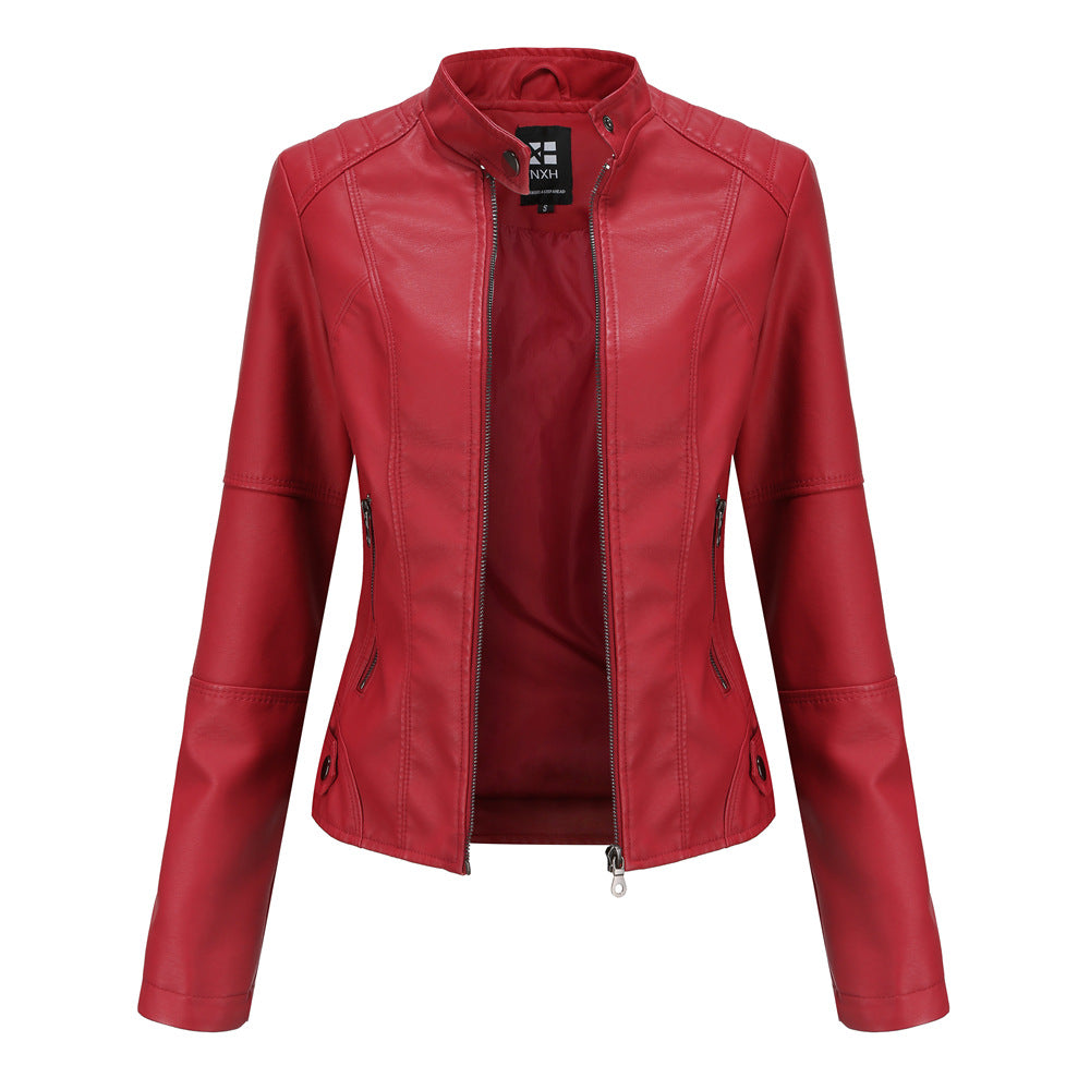 Women's Zip-Up PU Leather Jacket | Stand Collar Biker Outwear with Pockets
