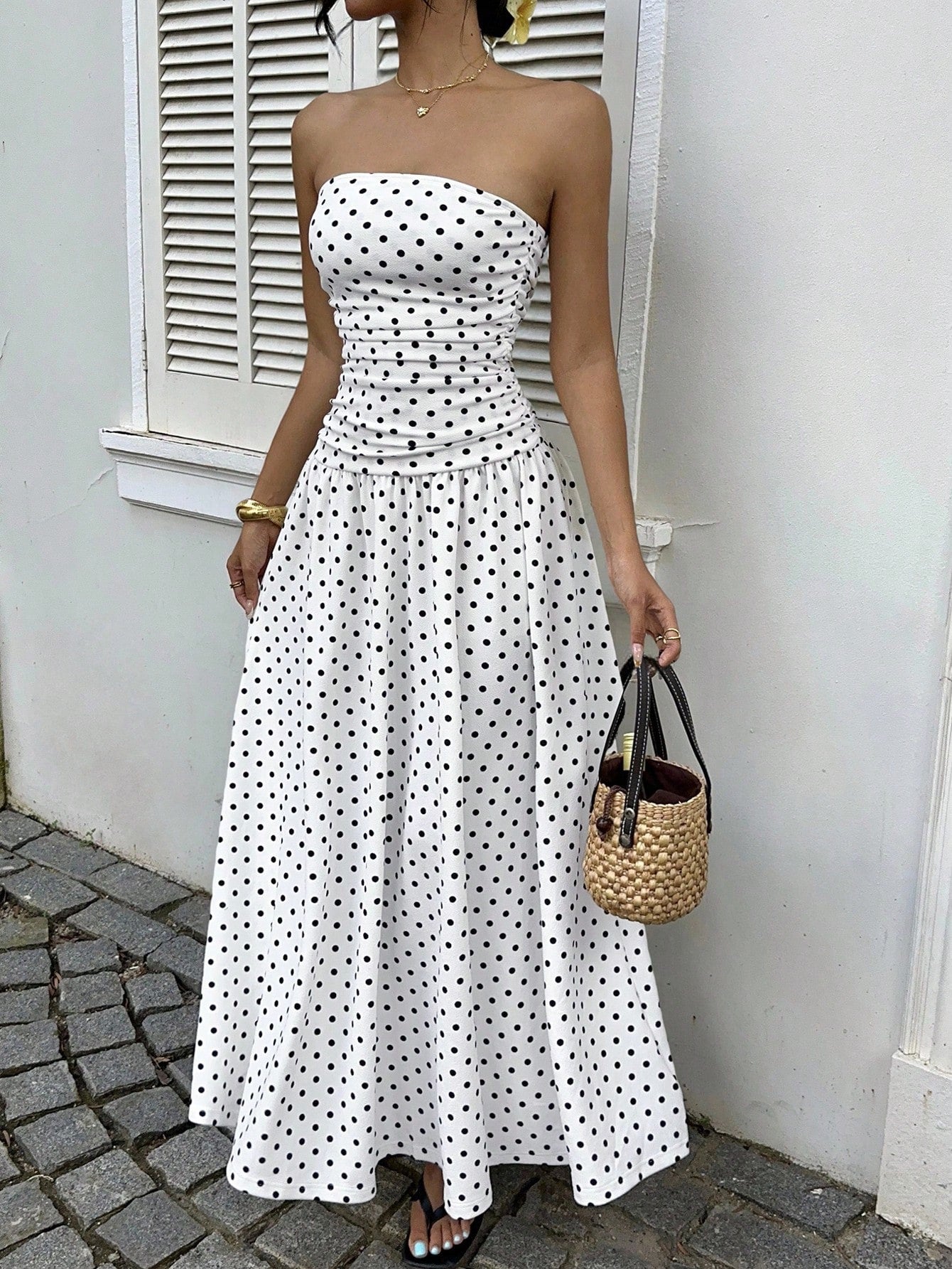 Women’s Off Shoulder Polka Dot A-Line Dress Waist Cinched Sleeveless Party Midi Dress