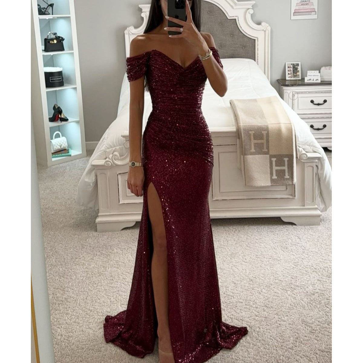 Women's Sequin Tube Top Maxi Dress | Off-Shoulder Split Swing Skirt Party Gown