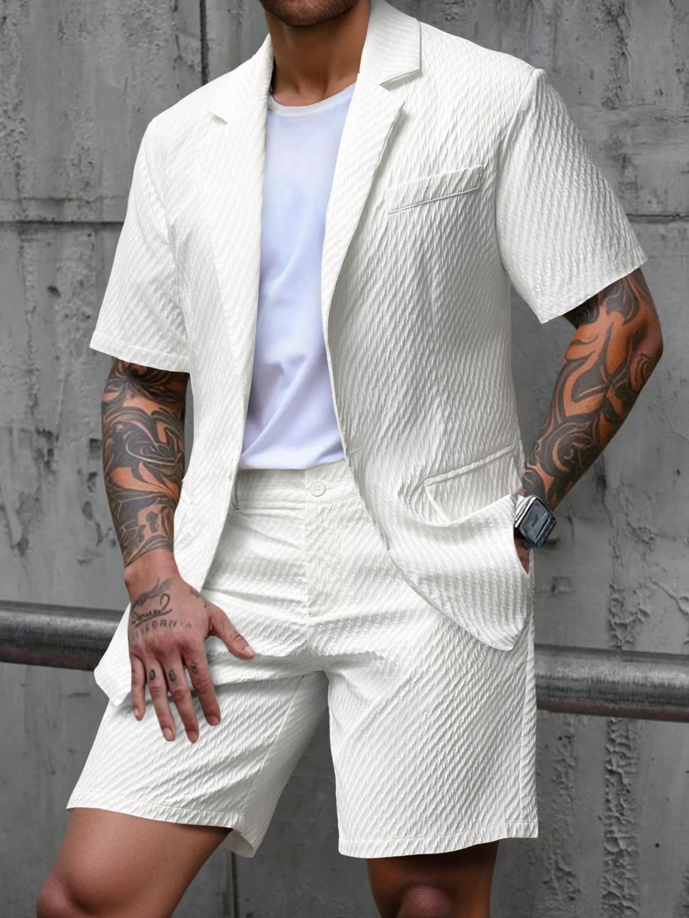 Men’s Slim-Fit White Short Two-Piece Suit – Business Casual Summer Outfit, Lightweight Woven Polyester Set (S–XXL)