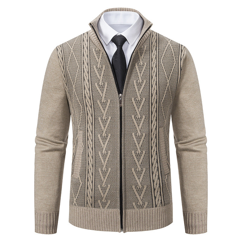 Men's Jacquard Zip-Up Knitted Cardigan | Stand Collar Loose Fit Sweater Top