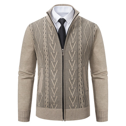 Men's Jacquard Zip-Up Knitted Cardigan | Stand Collar Loose Fit Sweater Top
