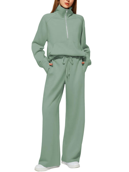 Women's Half-Zip Sweatshirt & Wide Leg Pants Co-ord Set | Casual Sporty Two-Piece Outfit