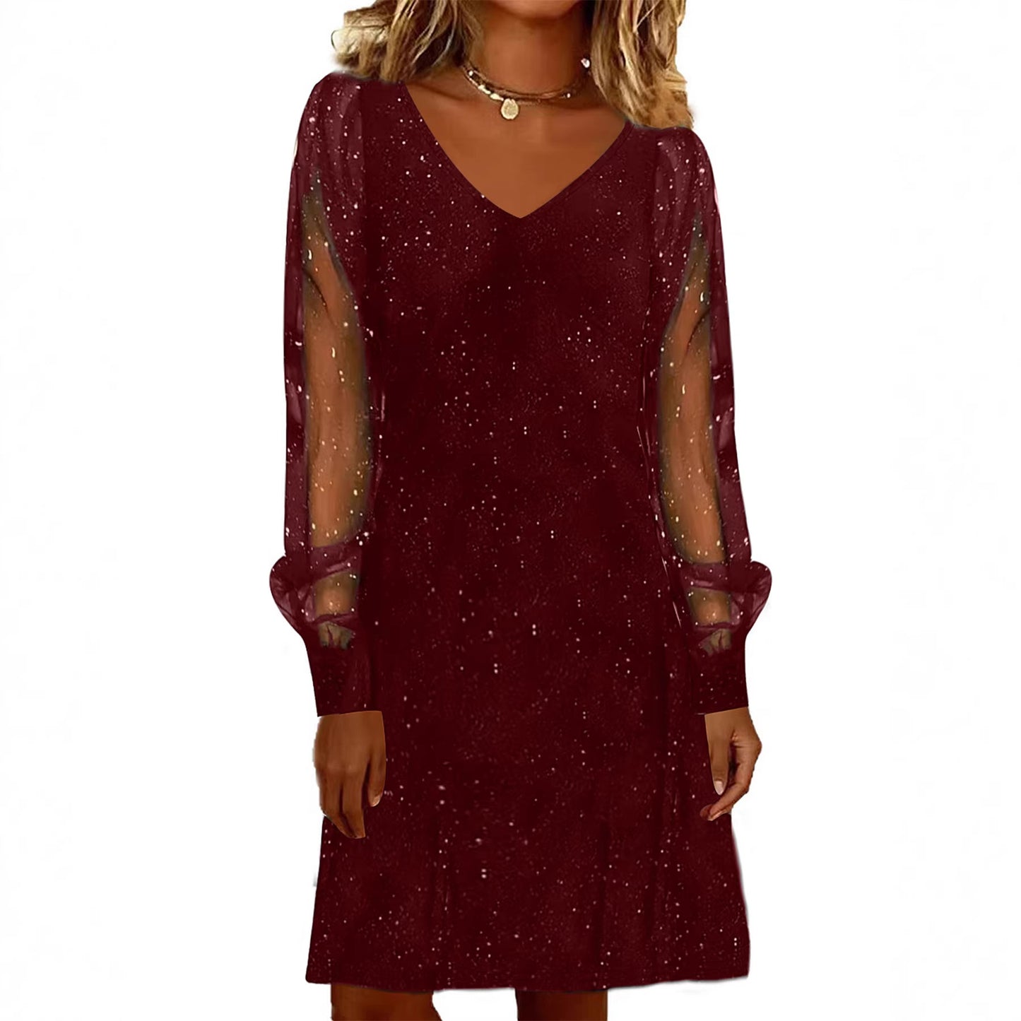 Women’s V-Neck Mesh Sleeve Sparkly Party Dress | Elegant Long Sleeve Evening & Cocktail Dress (S–XXL)