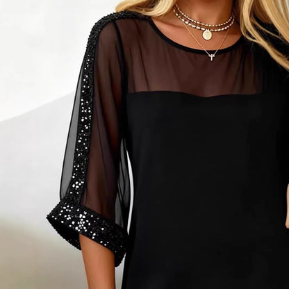 Women’s Mesh Sequin Bodycon Dress Off Shoulder 3/4 Sleeve Evening Party Midi Dress
