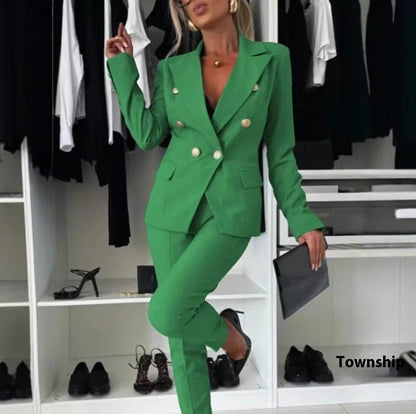 Women's Double-Breasted Blazer & Zip-Up Trousers Suit Set | Slim Lapel Smart-Casual Co-ord