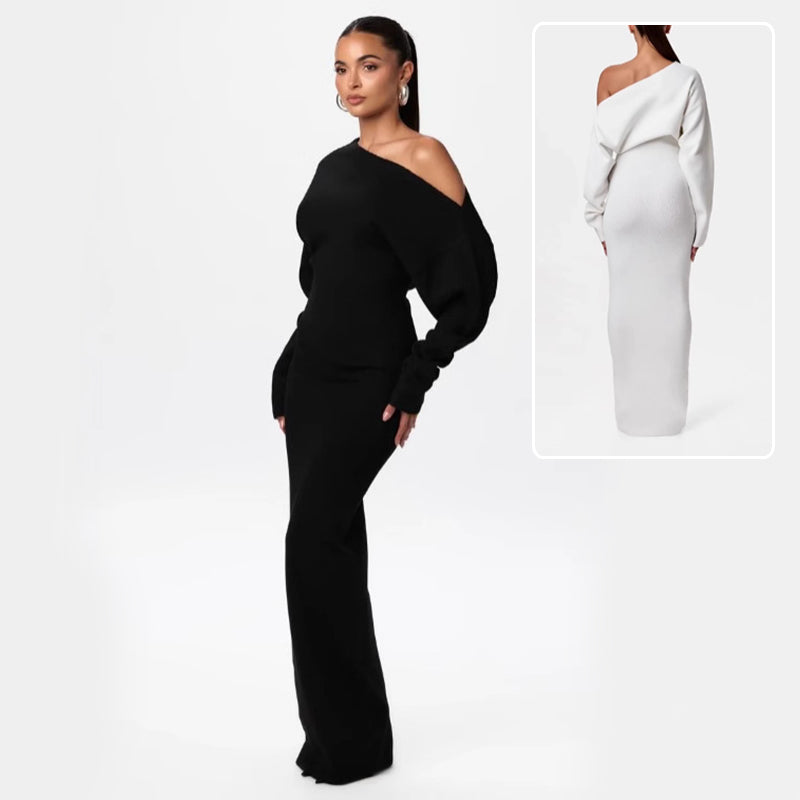 Off-Shoulder Bodycon Knitted Dress | Slim Fit Long Sleeve Evening Party Dress