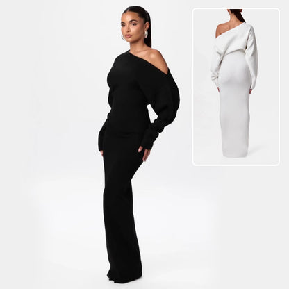 Off-Shoulder Bodycon Knitted Dress | Slim Fit Long Sleeve Evening Party Dress