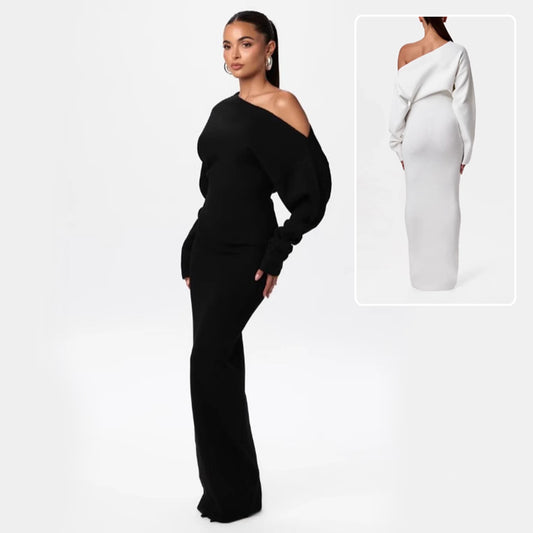 Off-Shoulder Bodycon Knitted Dress | Slim Fit Long Sleeve Evening Party Dress