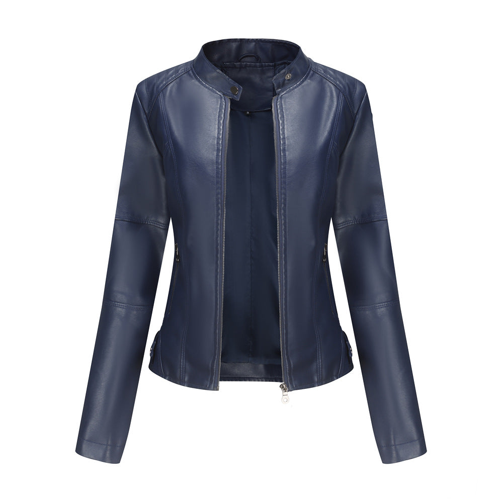 Women's Zip-Up PU Leather Jacket | Stand Collar Biker Outwear with Pockets