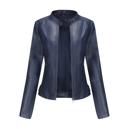 Women's Zip-Up PU Leather Jacket | Stand Collar Biker Outwear with Pockets
