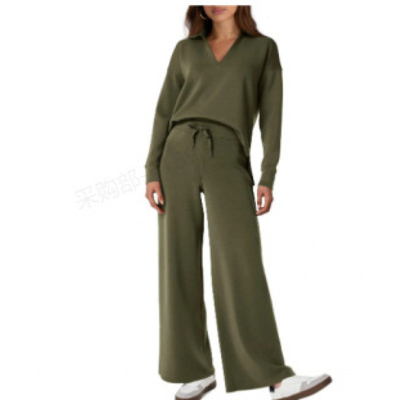 Women's V-Neck Tracksuit Set | Long Sleeve Pullover Top & Drawstring Straight-Leg Trousers