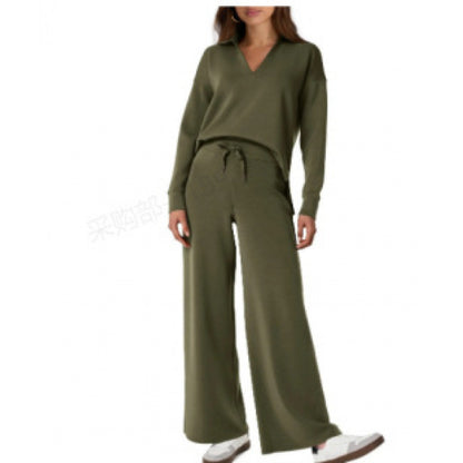 Women's V-Neck Tracksuit Set | Long Sleeve Pullover Top & Drawstring Straight-Leg Trousers