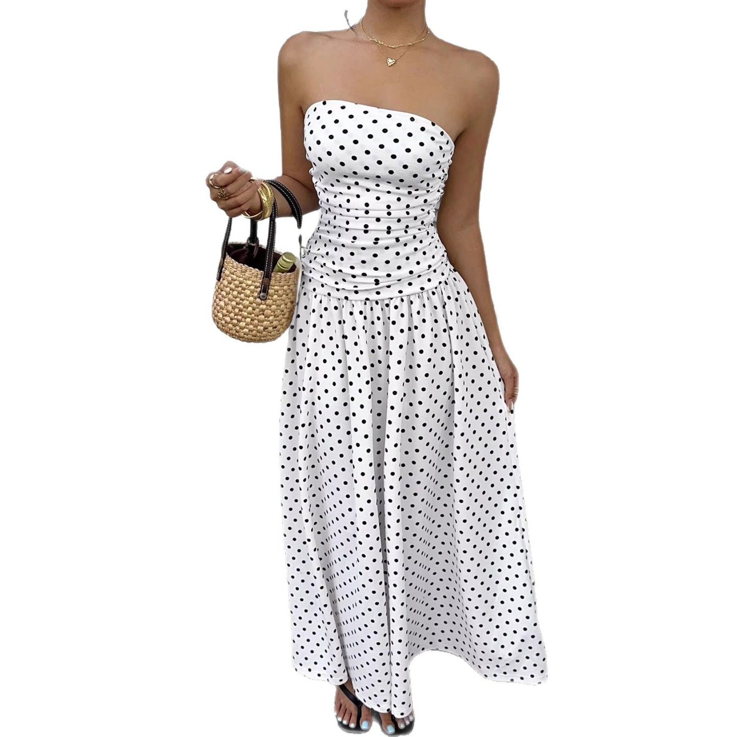 Women’s Off Shoulder Polka Dot A-Line Dress Waist Cinched Sleeveless Party Midi Dress