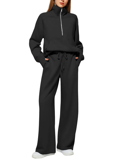 Women's Half-Zip Sweatshirt & Wide Leg Pants Co-ord Set | Casual Sporty Two-Piece Outfit