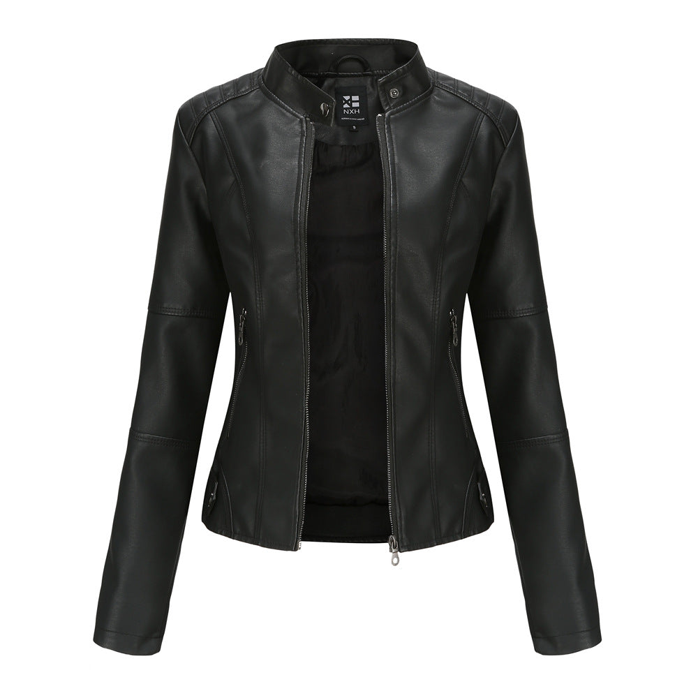 Women's Zip-Up PU Leather Jacket | Stand Collar Biker Outwear with Pockets