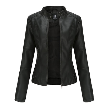 Women's Zip-Up PU Leather Jacket | Stand Collar Biker Outwear with Pockets