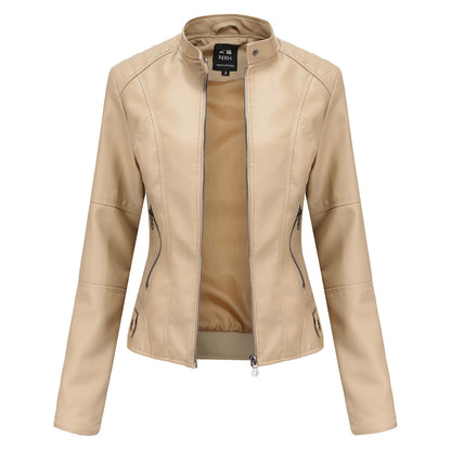 Women's Zip-Up PU Leather Jacket | Stand Collar Biker Outwear with Pockets