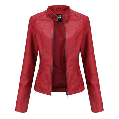 Women's Zip-Up PU Leather Jacket | Stand Collar Biker Outwear with Pockets