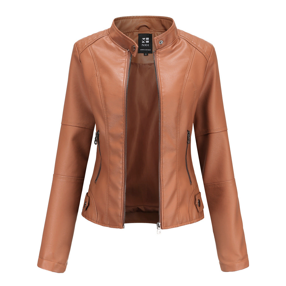 Women's Zip-Up PU Leather Jacket | Stand Collar Biker Outwear with Pockets
