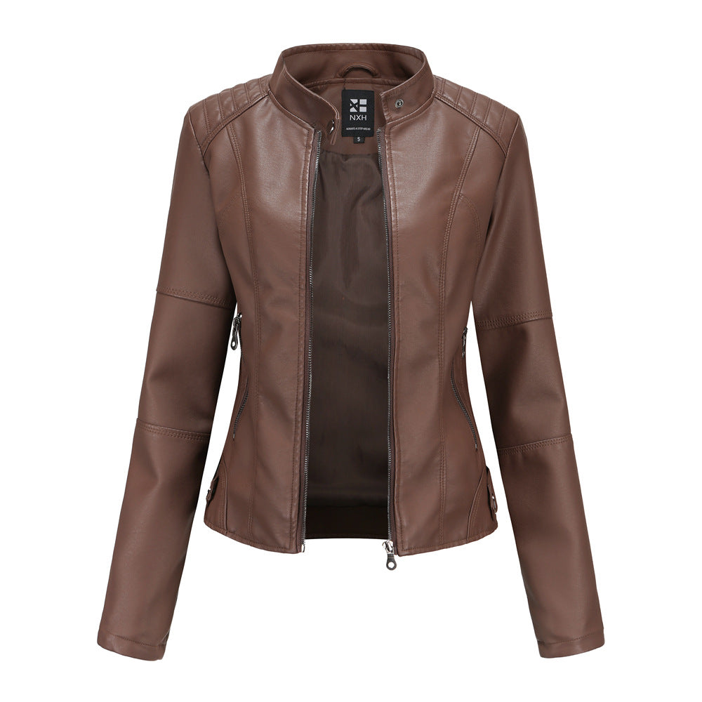 Women's Zip-Up PU Leather Jacket | Stand Collar Biker Outwear with Pockets