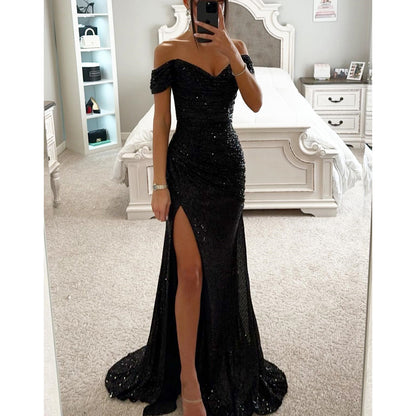 Women's Sequin Tube Top Maxi Dress | Off-Shoulder Split Swing Skirt Party Gown