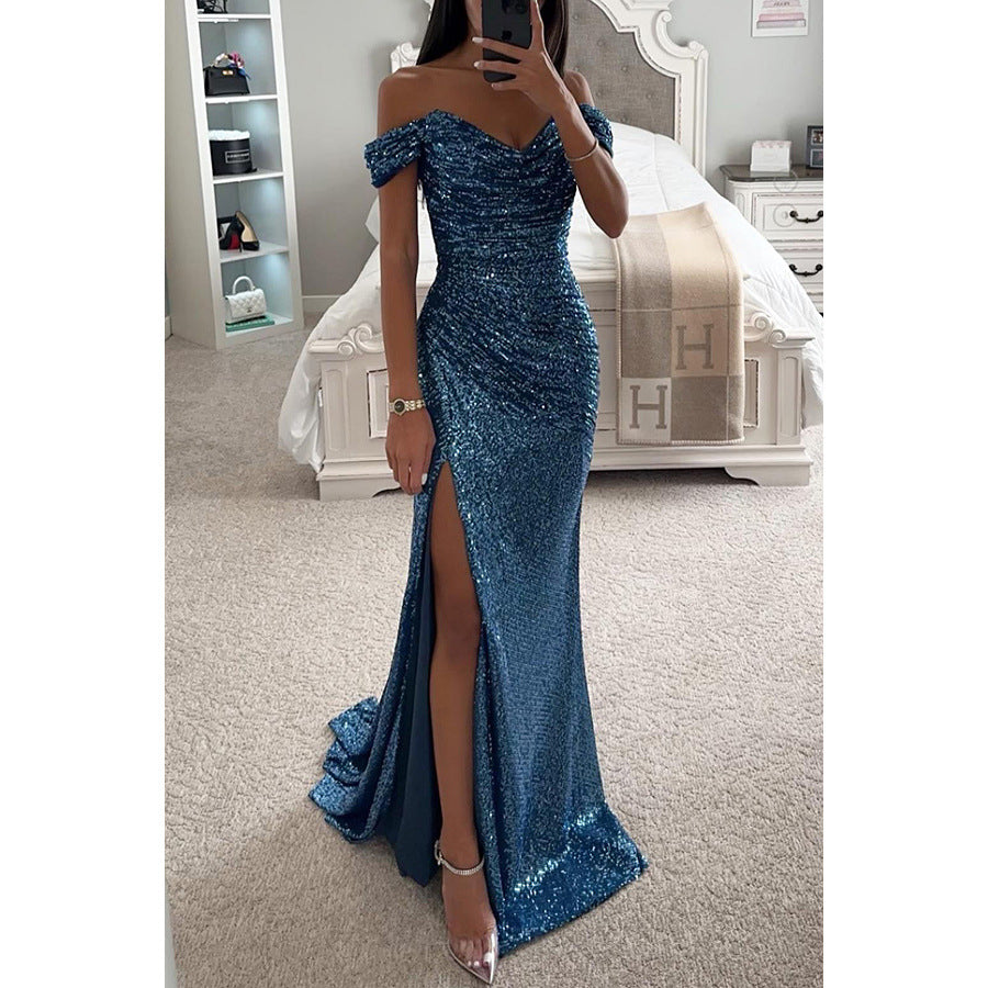 Women's Sequin Tube Top Maxi Dress | Off-Shoulder Split Swing Skirt Party Gown
