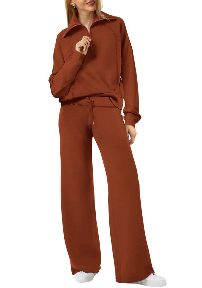 Women's Half-Zip Sweatshirt & Wide Leg Pants Co-ord Set | Casual Sporty Two-Piece Outfit