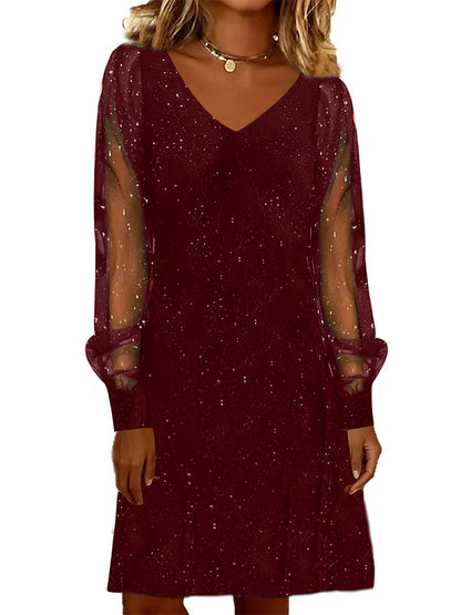 Women’s V-Neck Mesh Sleeve Sparkly Party Dress | Elegant Long Sleeve Evening & Cocktail Dress (S–XXL)