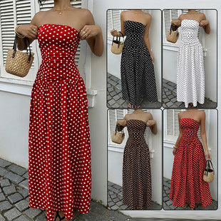Women’s Off Shoulder Polka Dot A-Line Dress Waist Cinched Sleeveless Party Midi Dress
