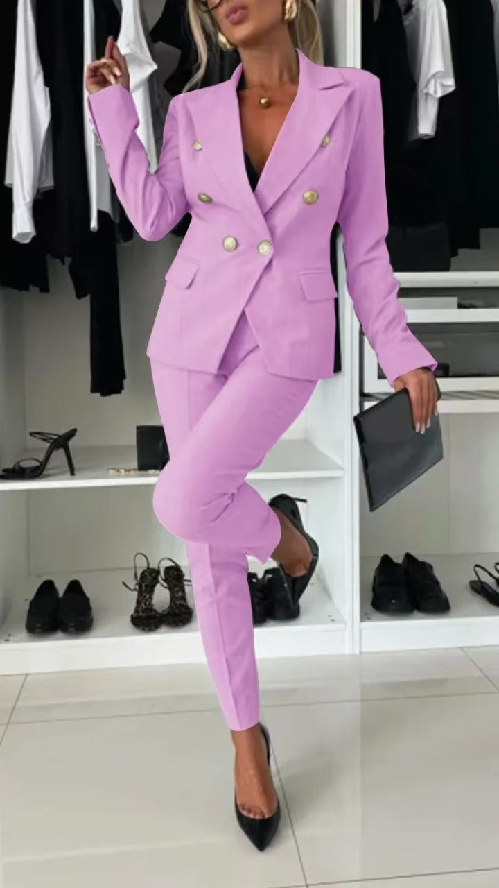 Women's Double-Breasted Blazer & Zip-Up Trousers Suit Set | Slim Lapel Smart-Casual Co-ord