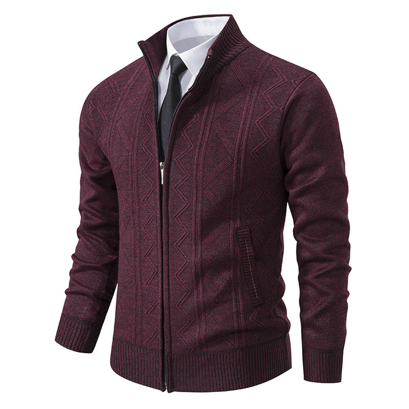 Men's Jacquard Zip-Up Knitted Cardigan | Stand Collar Loose Fit Sweater Top