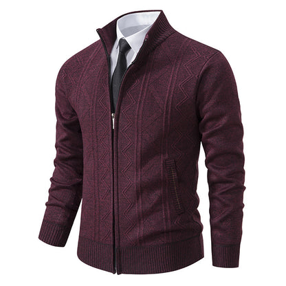 Men's Jacquard Zip-Up Knitted Cardigan | Stand Collar Loose Fit Sweater Top