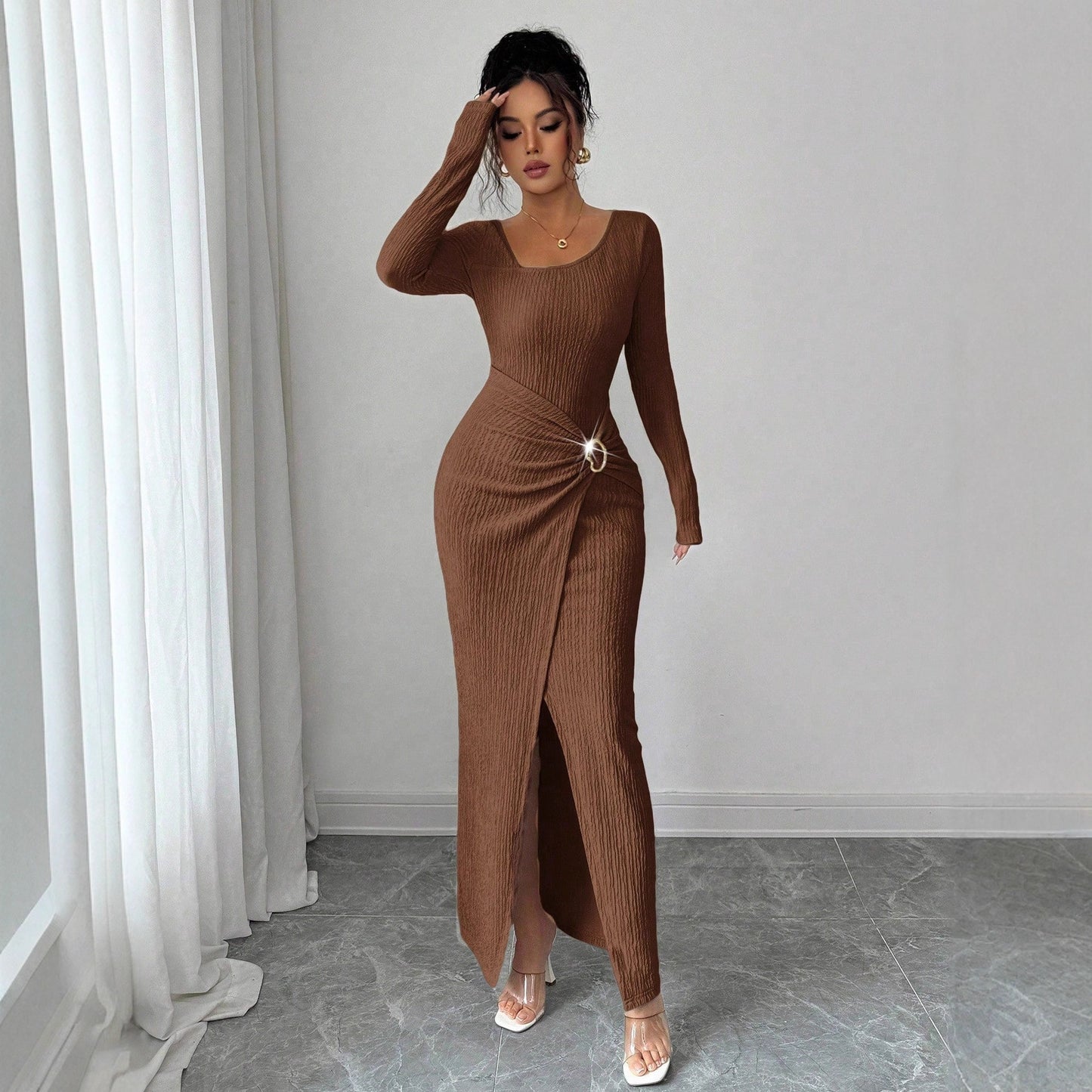 Women’s Autumn Winter Irregular Neck Knitted Long Dress – Elegant Split Bodycon Maxi Dress