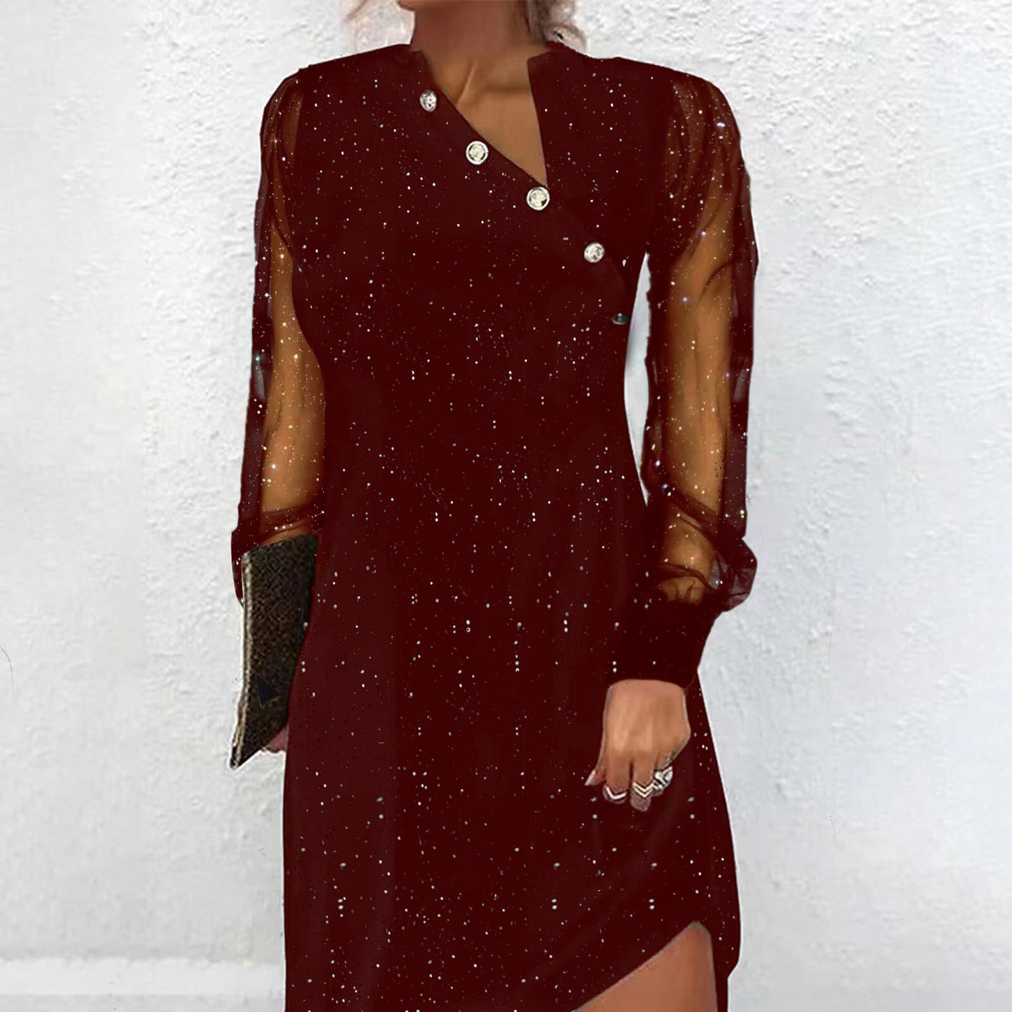 Women’s Lace Mesh Sequin Patchwork Long-Sleeve Mid-Length Dress | Elegant High Waist Evening Party Dress (S–XXL)