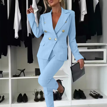Women's Double-Breasted Blazer & Zip-Up Trousers Suit Set | Slim Lapel Smart-Casual Co-ord