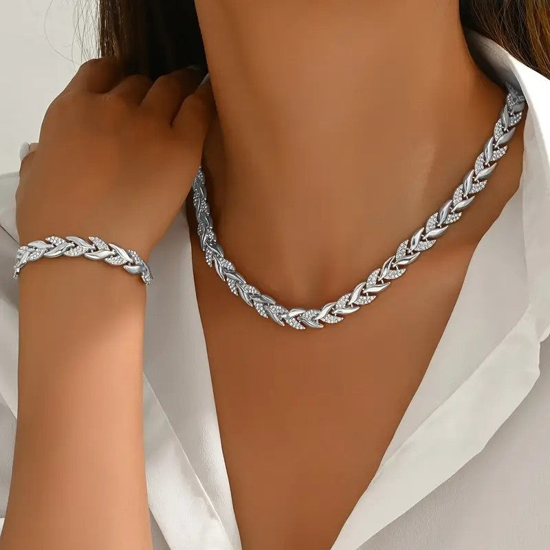 Women's Glass Leaf Necklace & Bracelet Set | Elegant Rhinestone Chain Jewellery Set