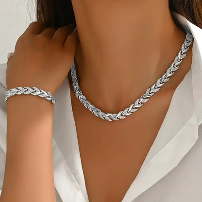 Women's Glass Leaf Necklace & Bracelet Set | Elegant Rhinestone Chain Jewellery Set