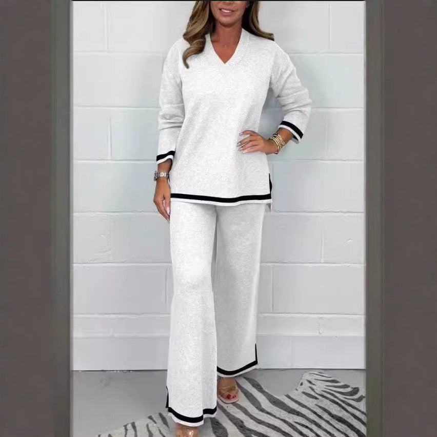 Women Elegant Two Pieces Of Fitting Cloth Temperament Leisure Solid Color Knitted Long Sleeve Women Trousers And Top Suit, Two Piece Pants & Top Solid Color Set Of Women wear