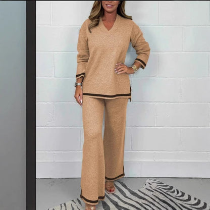 Women Elegant Two Pieces Of Fitting Cloth Temperament Leisure Solid Color Knitted Long Sleeve Women Trousers And Top Suit, Two Piece Pants & Top Solid Color Set Of Women wear