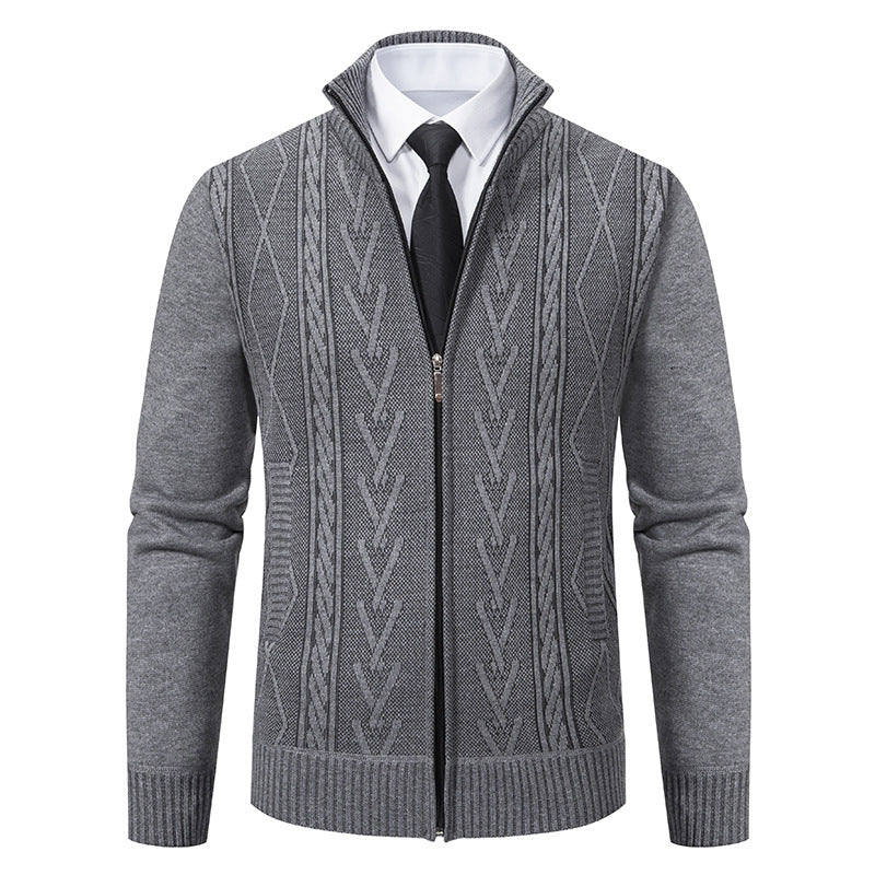 Men's Jacquard Zip-Up Knitted Cardigan | Stand Collar Loose Fit Sweater Top