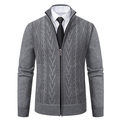 Men's Jacquard Zip-Up Knitted Cardigan | Stand Collar Loose Fit Sweater Top