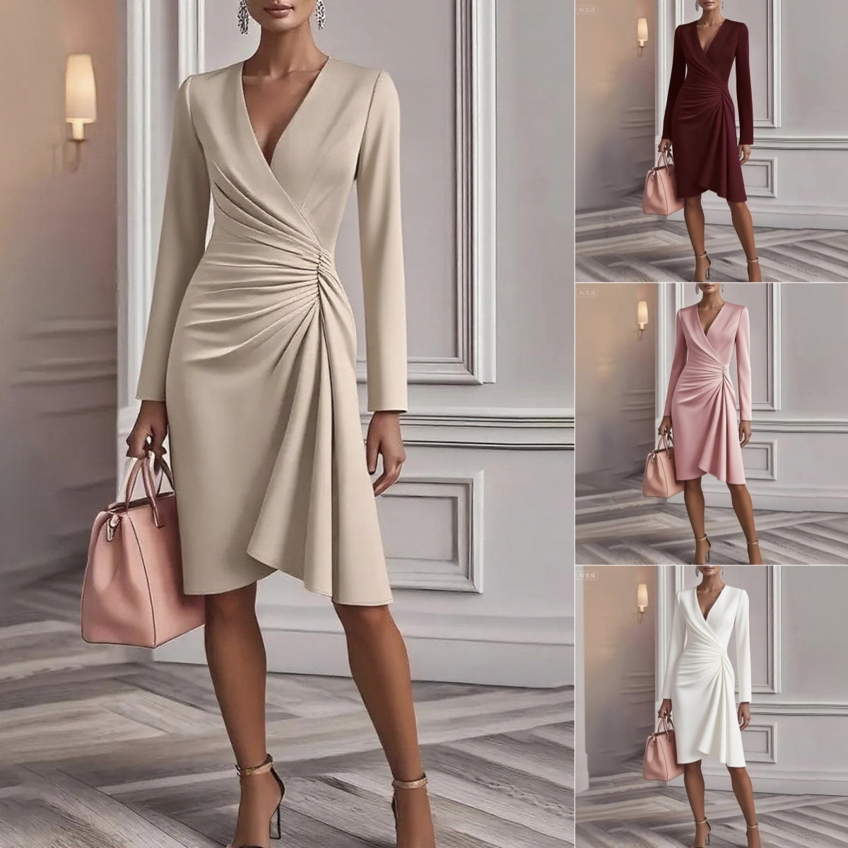 Women's V-Neck Pleated Midi Dress | Slim Fit Long Sleeve A-Line Office & Party Dress