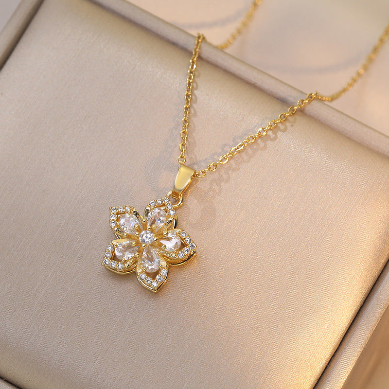 Women's Rhinestone Bauhinia Flower Necklace | Rotatable Pendant Titanium Steel Jewellery