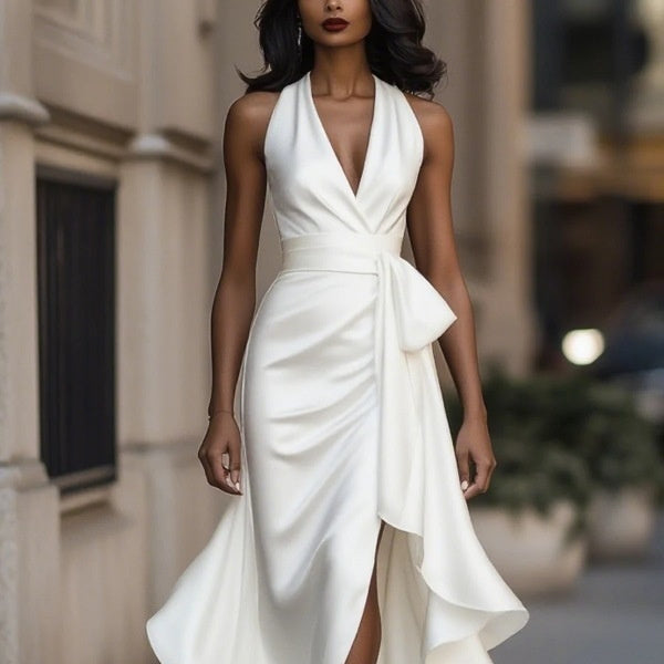 Women's Elegant Deep V-Neck Asymmetric Ruffle Satin Dress | Lace-Up High Waist Party & Wedding Guest Gown