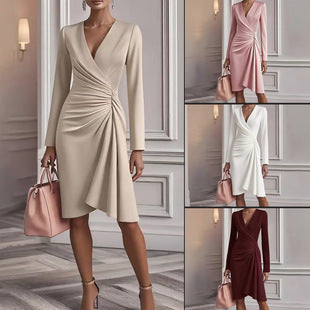 Women's V-Neck Pleated Midi Dress | Slim Fit Long Sleeve A-Line Office & Party Dress