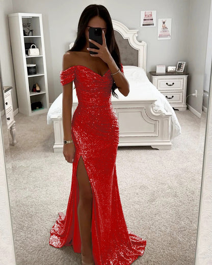 Women's Sequin Tube Top Maxi Dress | Off-Shoulder Split Swing Skirt Party Gown