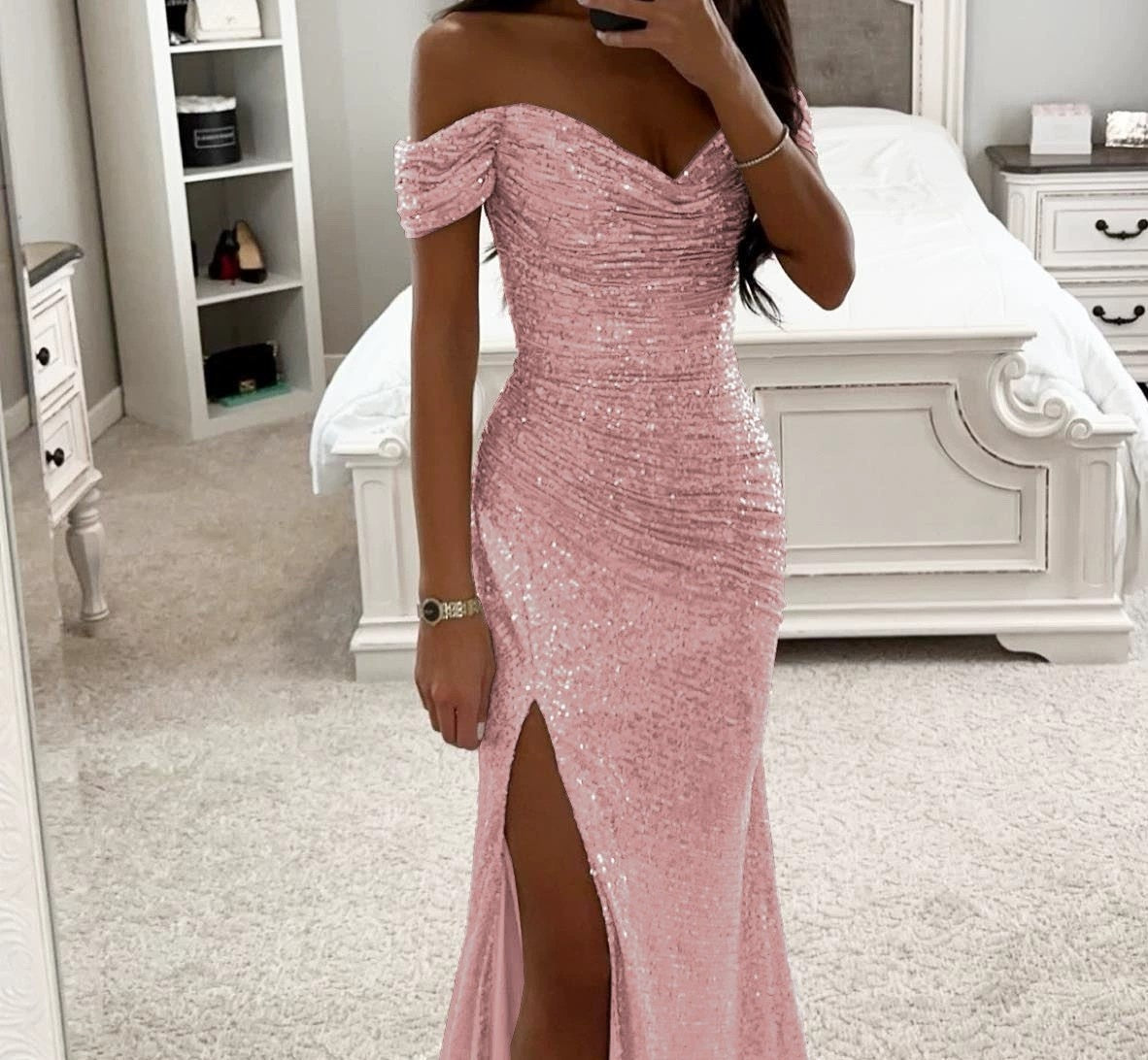 Women's Sequin Tube Top Maxi Dress | Off-Shoulder Split Swing Skirt Party Gown