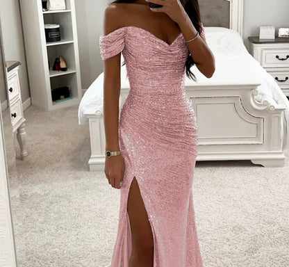 Women's Sequin Tube Top Maxi Dress | Off-Shoulder Split Swing Skirt Party Gown